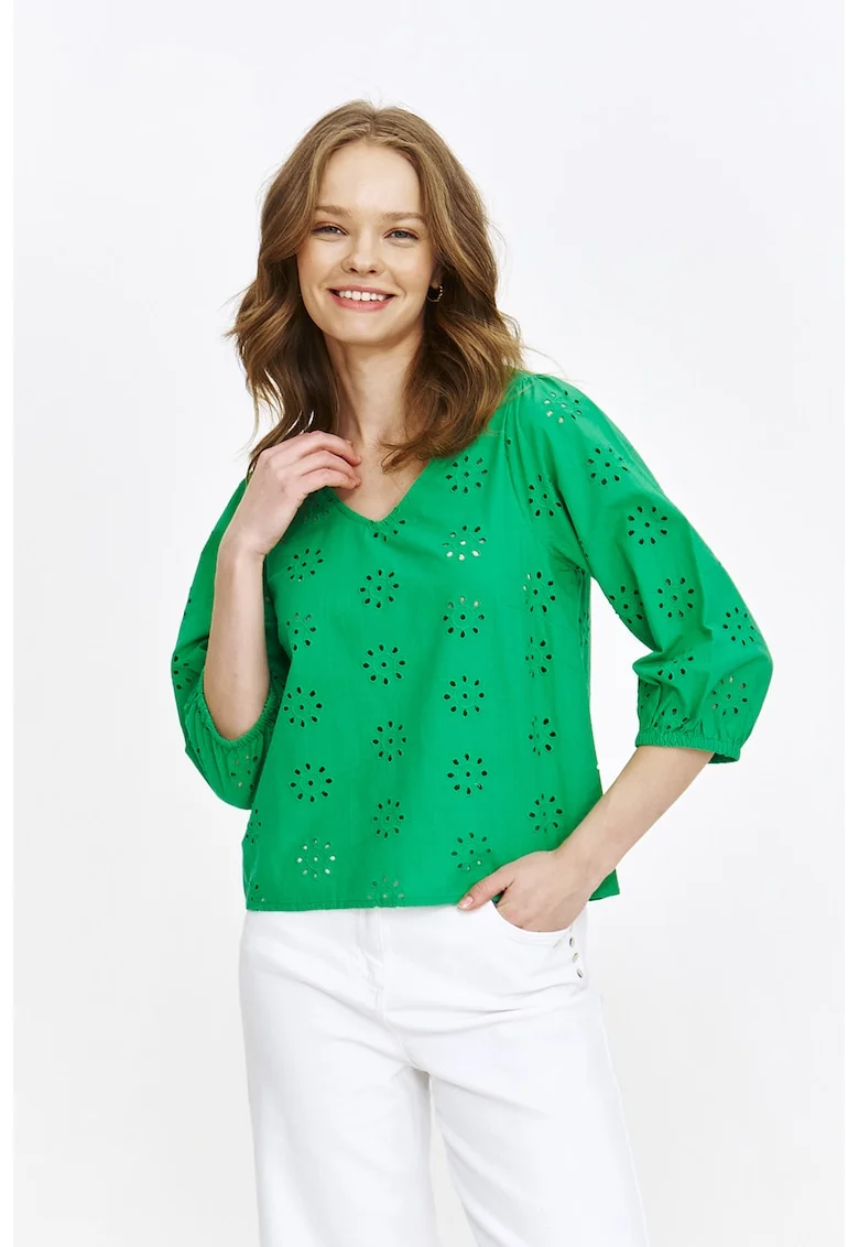 Bluza perforata cu decolteu in V si maneci medii, Verde