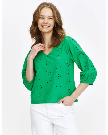 Bluza perforata cu decolteu in V si maneci medii, Verde