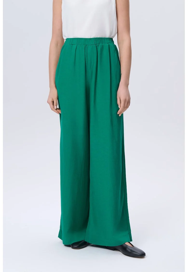 Pantaloni ampli din amestec de in cu talie inalta, Verde englez