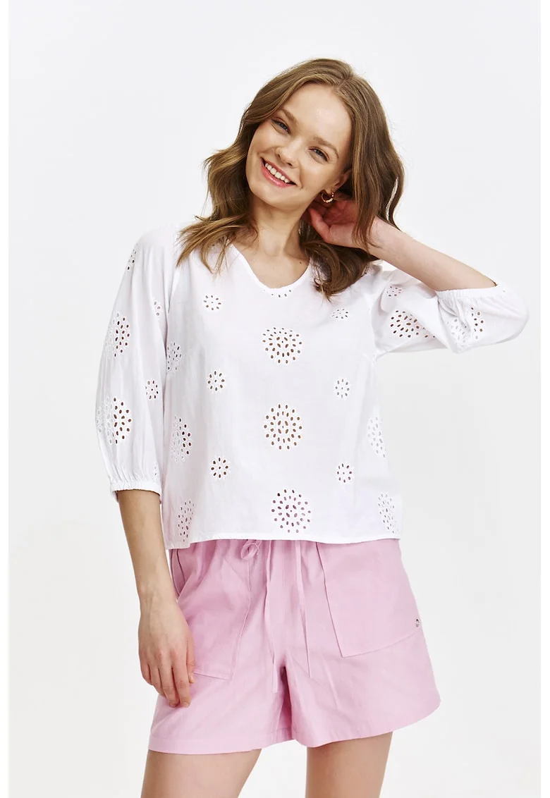 Bluza perforata cu decolteu in V si maneci medii, Alb