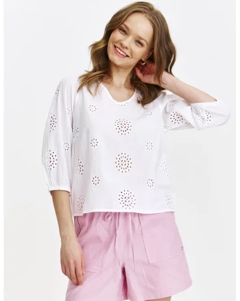 Bluza perforata cu decolteu in V si maneci medii, Alb