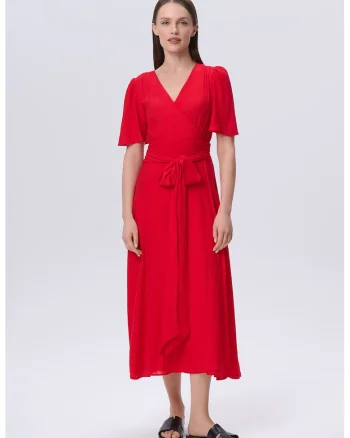 Rochie cu decolteu in V si cordon asortat, Rosu vermillion