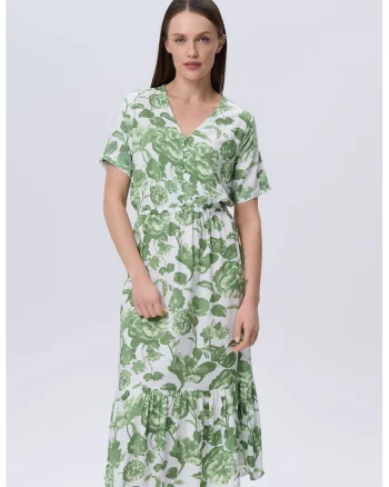 Rochie midi vaporoasa, Alb murdar/Verde feriga