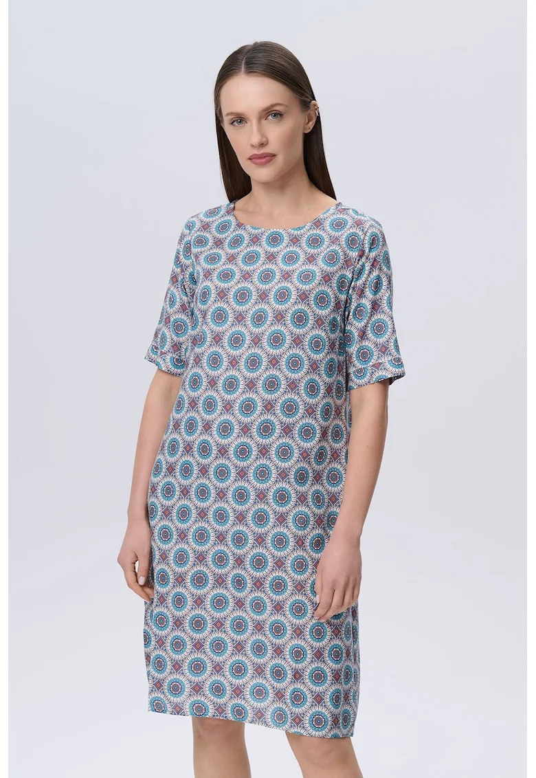 Rochie-tricou cu imprimeu floral, Portocaliu/Albastru