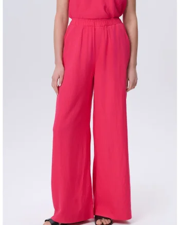 Pantaloni ampli din amestec de in cu talie inalta, Roz aprins