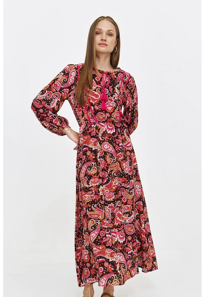 Rochie lunga cu model paisley, Visiniu/Rosu stins