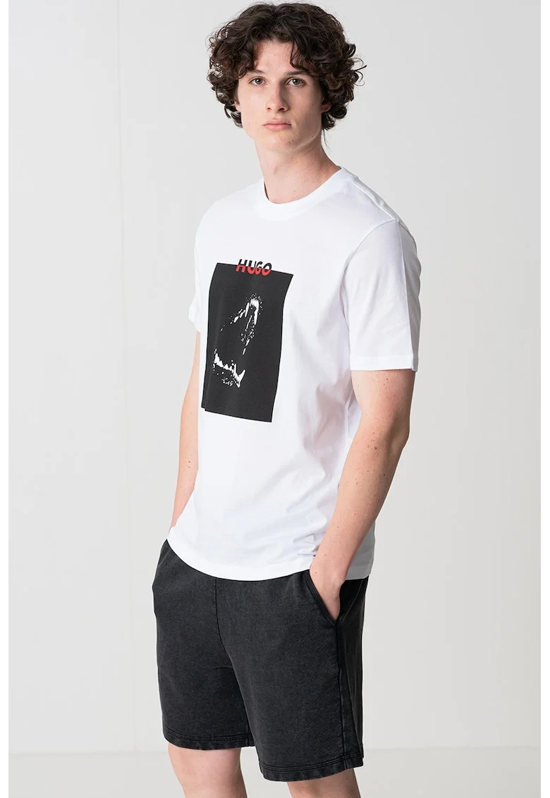 Tricou cu decolteu la baza gatului si imprimeu logo, Alb/Coral/Negru stins
