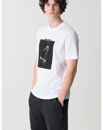 Tricou cu decolteu la baza gatului si imprimeu logo, Alb/Coral/Negru stins
