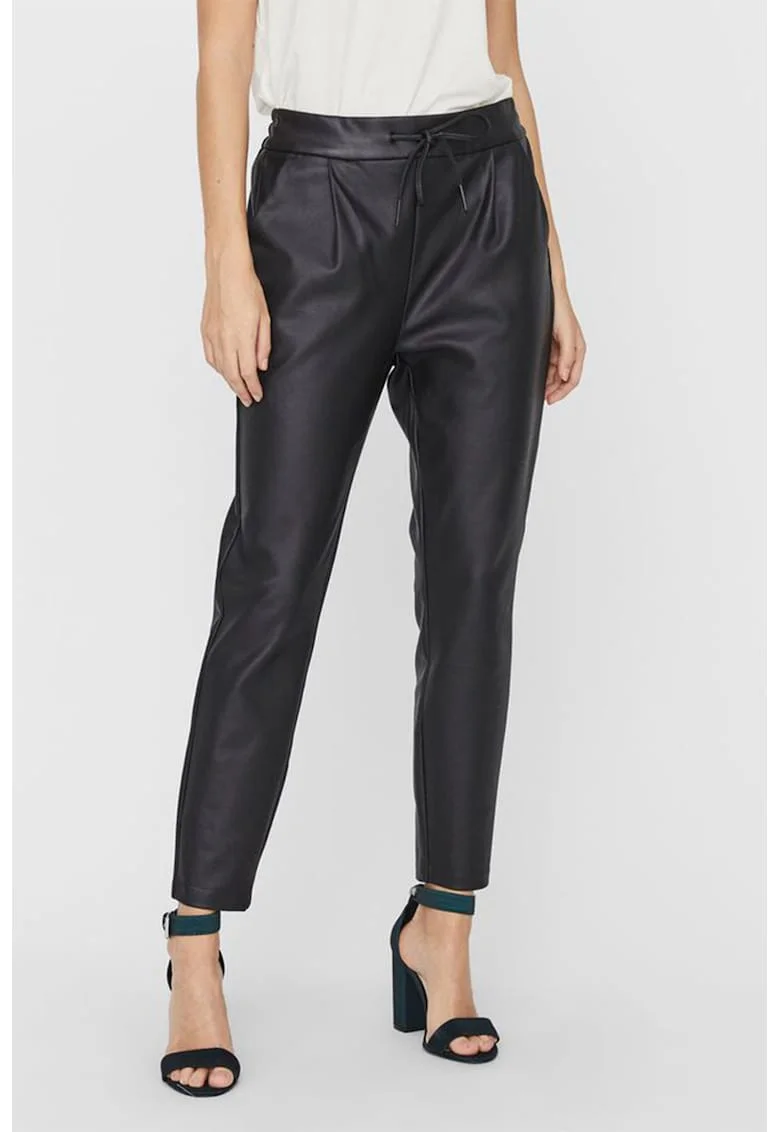 Pantaloni conici de piele ecologica Eva, Negru stins