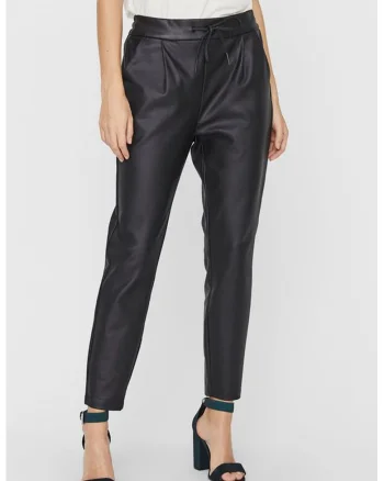 Pantaloni conici de piele ecologica Eva, Negru stins
