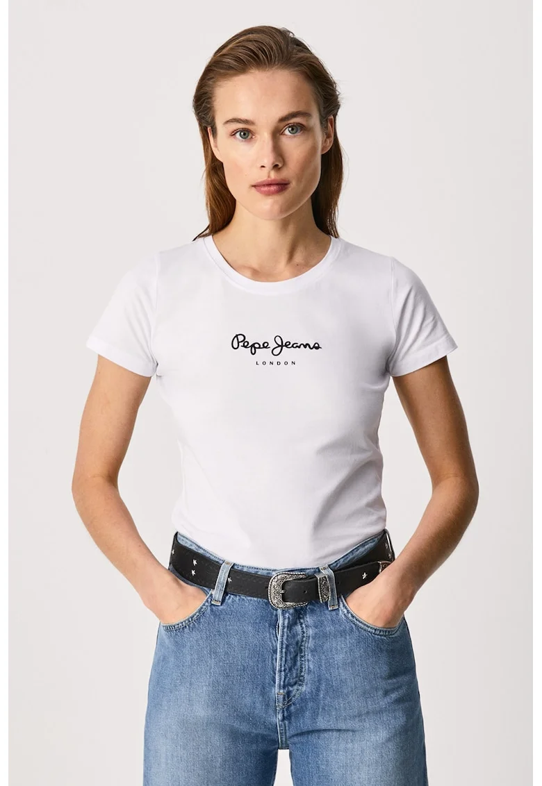 Tricou slim fit cu logo, Alb