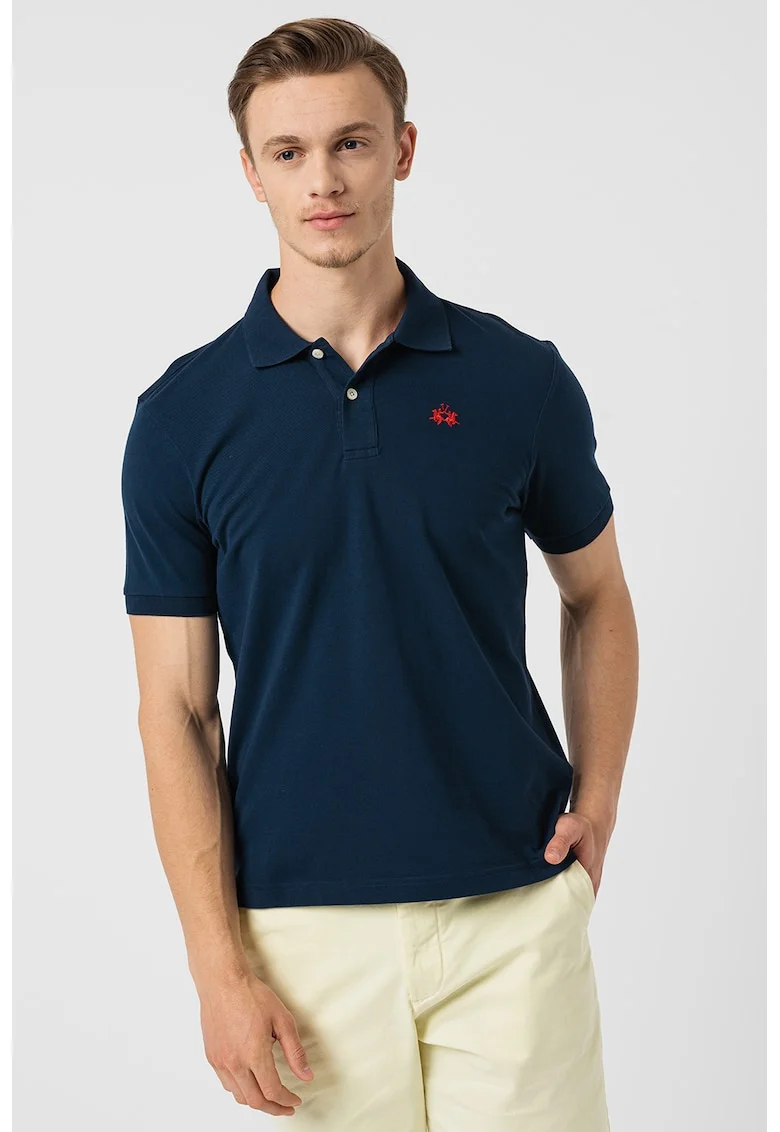 Tricou polo din bumbac si material pique, Bleumarin