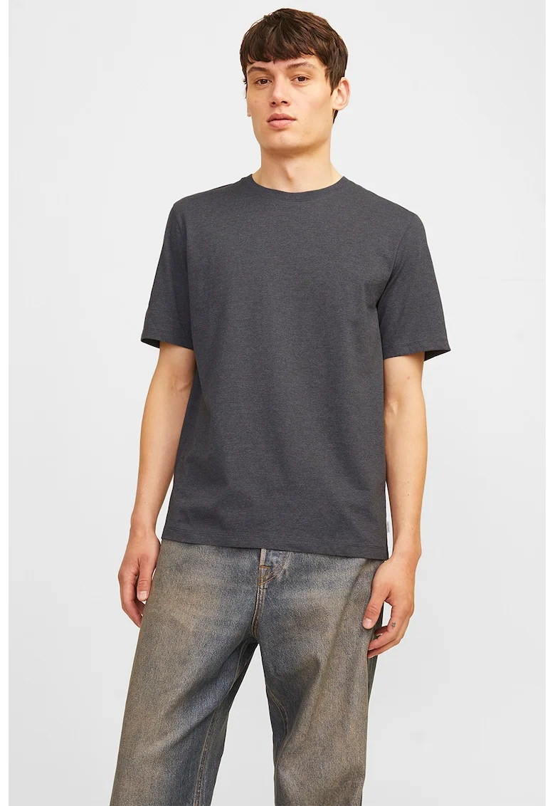 Tricou din amestec de bumbac cu decolteu la baza gatului, Gri inchis melange