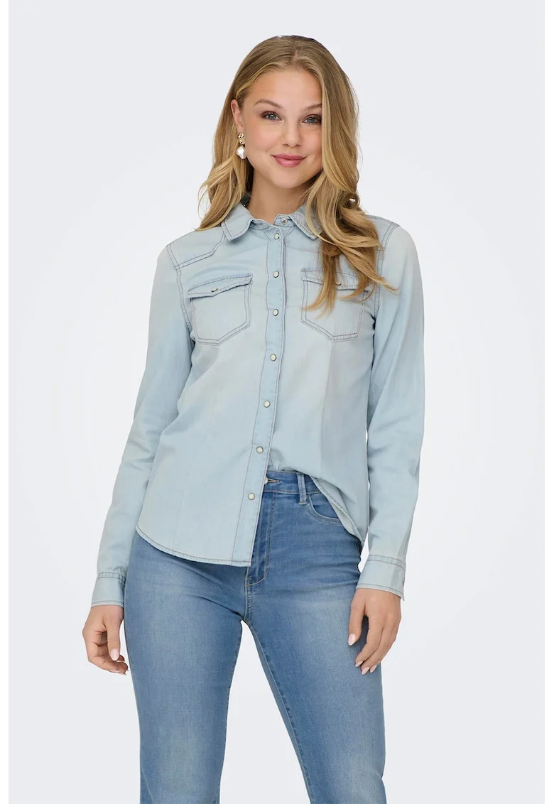 Camasa de denim cu buzunare pe piept, Albastru deschis