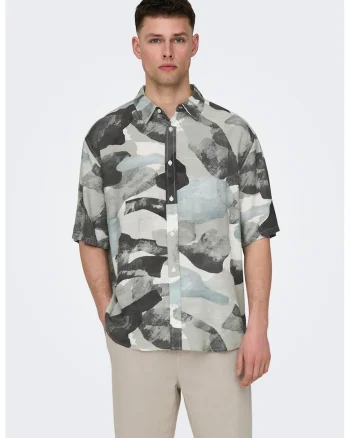 Camasa cu model camuflaj din amestec de in, Negru/Gri