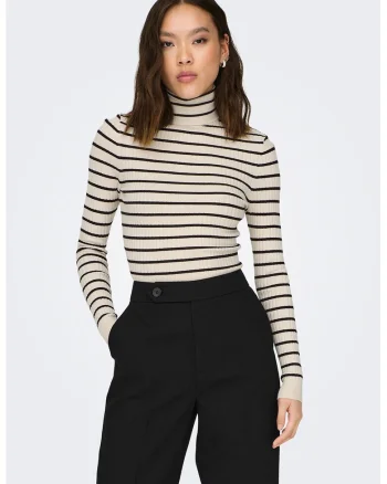 Pulover din tricot cu striatii si guler inalt Karol, Negru/Alb murdar