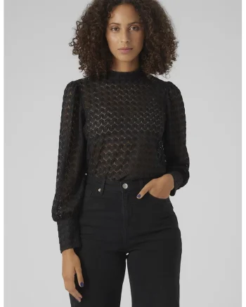 Bluza semitransparenta cu guler scurt, Negru