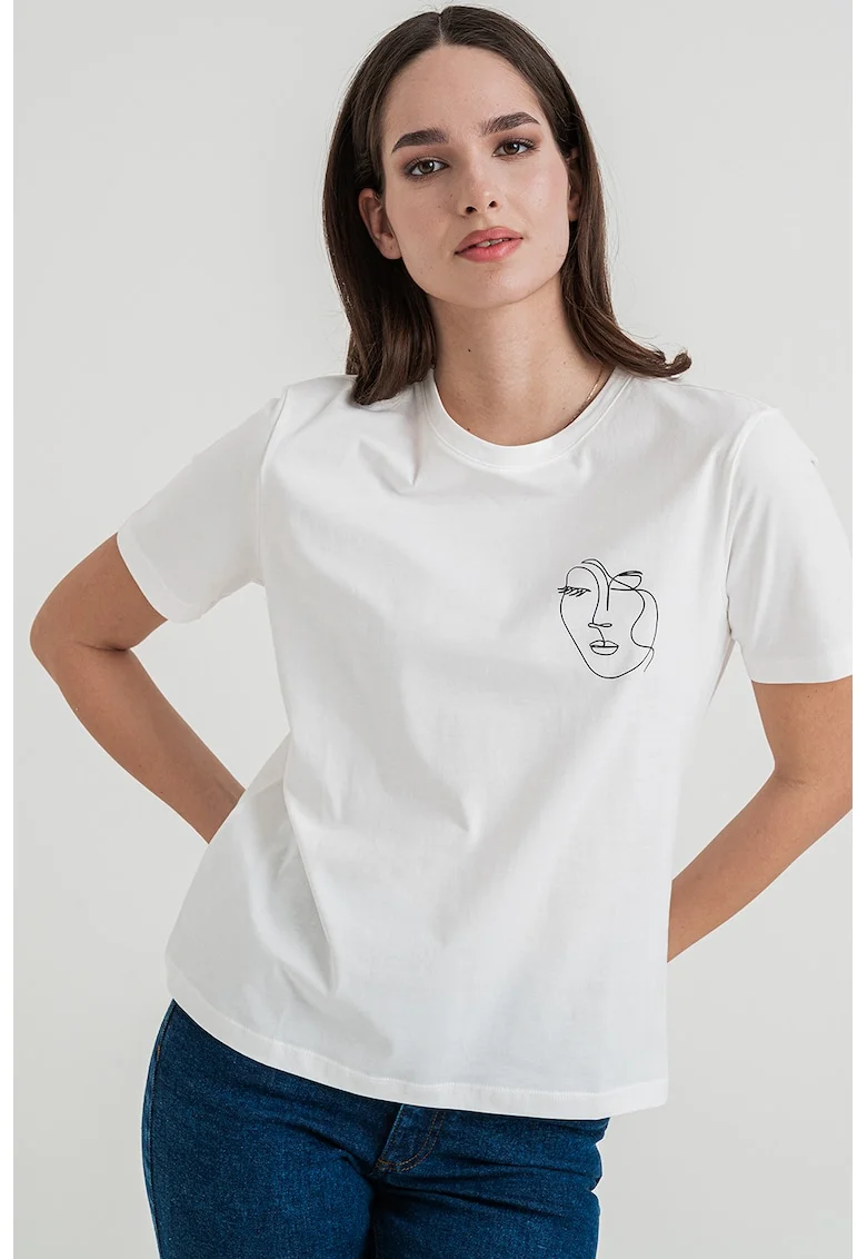 Tricou din bumbac organic cu decolteu la baza gatului, Alb