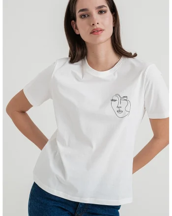Tricou din bumbac organic cu decolteu la baza gatului, Alb