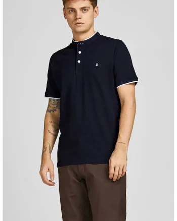 Tricou din bumbac organic cu fenta cu nasturi Paulos, Bleumarin