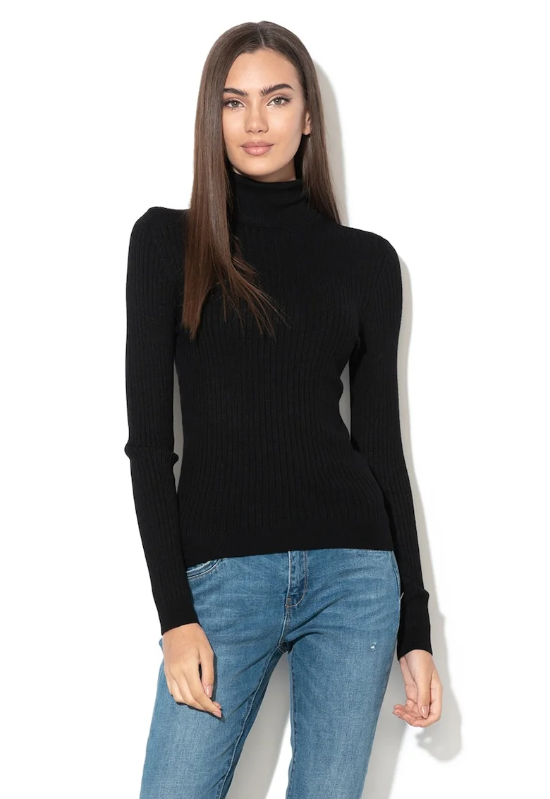 Pulover din tricot cu striatii si guler inalt Karol, Negru