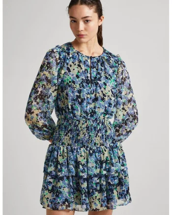Rochie evazata cu model floral, Galben/Albastru