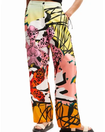Pantaloni drepti din amestec de matase, Multicolor