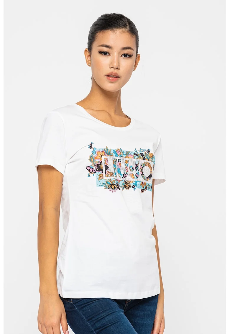 Tricou cu imprimeu floral si logo si aplicatii cu strasuri, Alb/Albastru/Argintiu