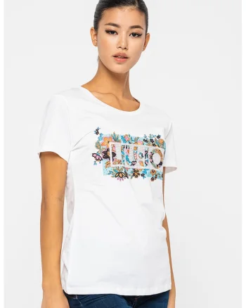 Tricou cu imprimeu floral si logo si aplicatii cu strasuri, Alb/Albastru/Argintiu