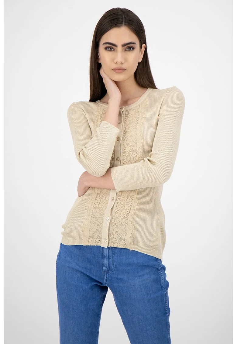 Cardigan cu insertii din lurex si dantela, Auriu deschis
