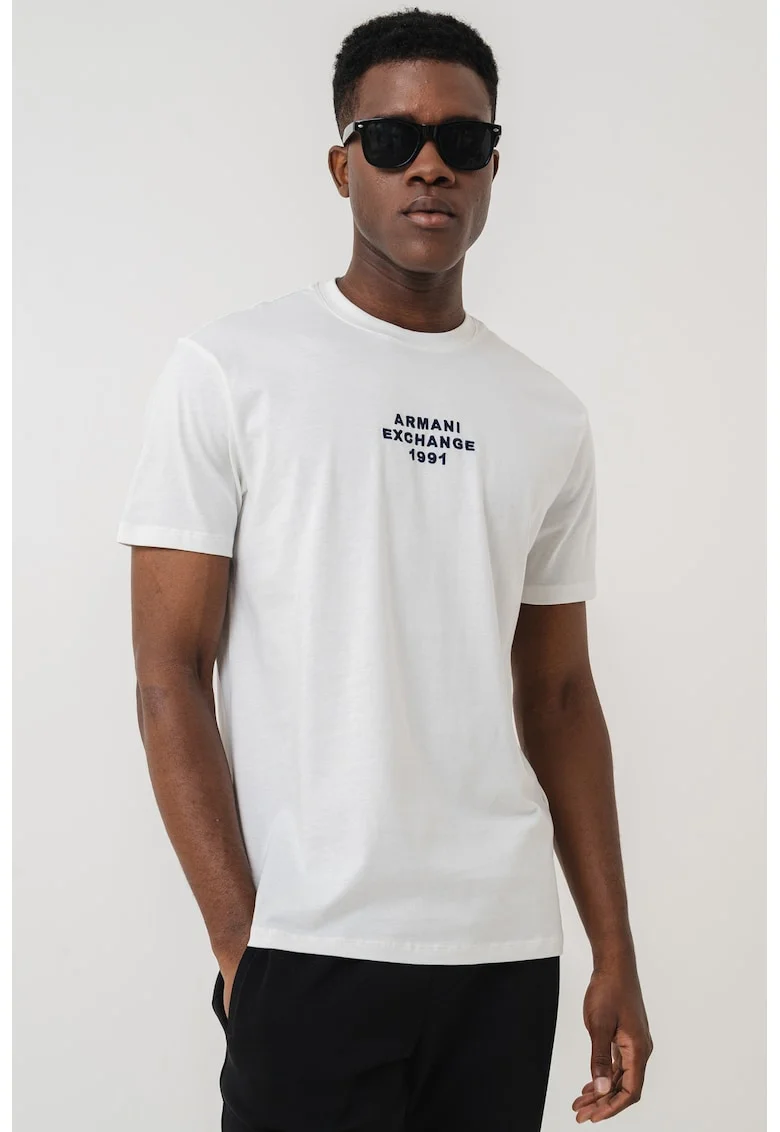 Tricou cu logo si decolteu la baza gatului, Negru/Alb optic