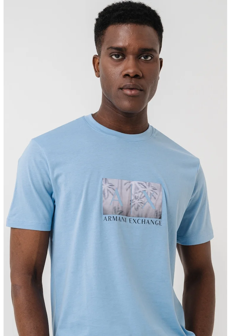 Tricou din bumbac cu imprimeu logo, Albastru pastel/Grej