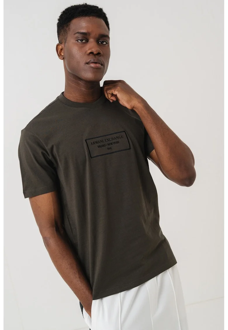 Tricou regular-fit cu logo brodat, Negru/Kaki pal