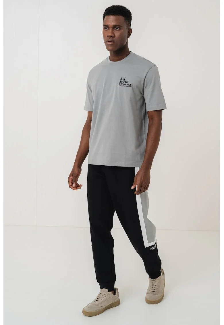 Tricou din bumbac cu logo pe piept si decolteu la baza gatului, Negru/Gri cenusiu