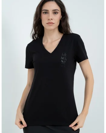 Tricou regular fit cu decolteu in V, Negru