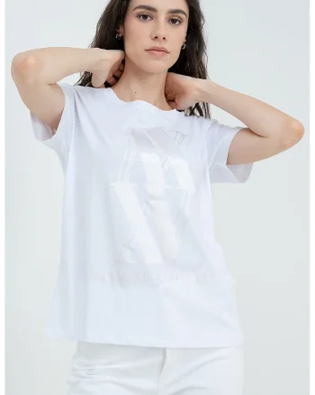 Tricou lejer cu decolteu rotund, Alb fildes/Bej