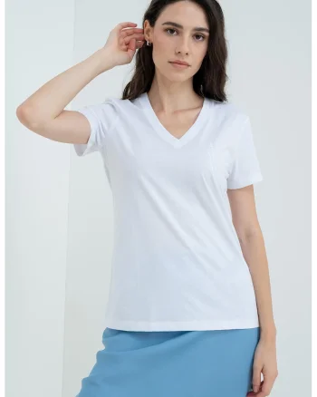Tricou regular fit cu decolteu in V, Alb