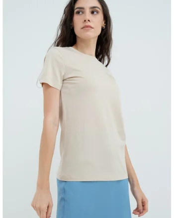 Tricou de bumbac cu decolteu la baza gatului, Crem