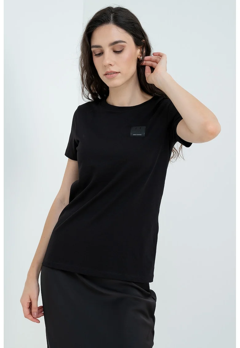 Tricou de bumbac cu decolteu la baza gatului, Negru