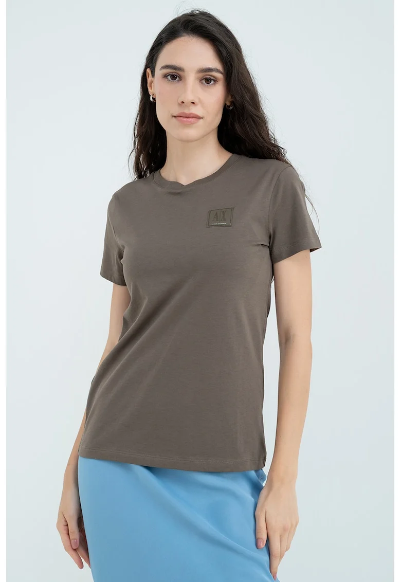 Tricou de bumbac cu decolteu la baza gatului, Kaki