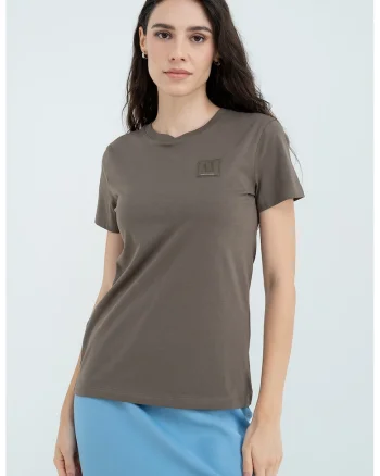 Tricou de bumbac cu decolteu la baza gatului, Kaki