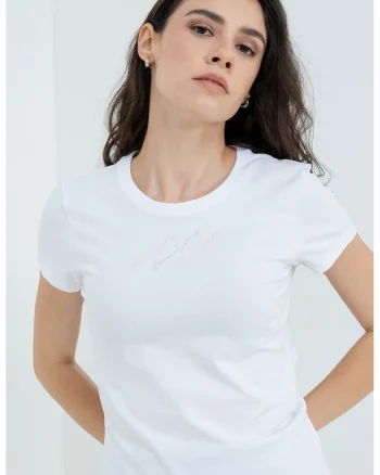 Tricou slim fit cu imprimeu logo discret, Alb