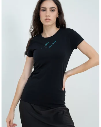 Tricou slim fit cu imprimeu logo discret, Negru
