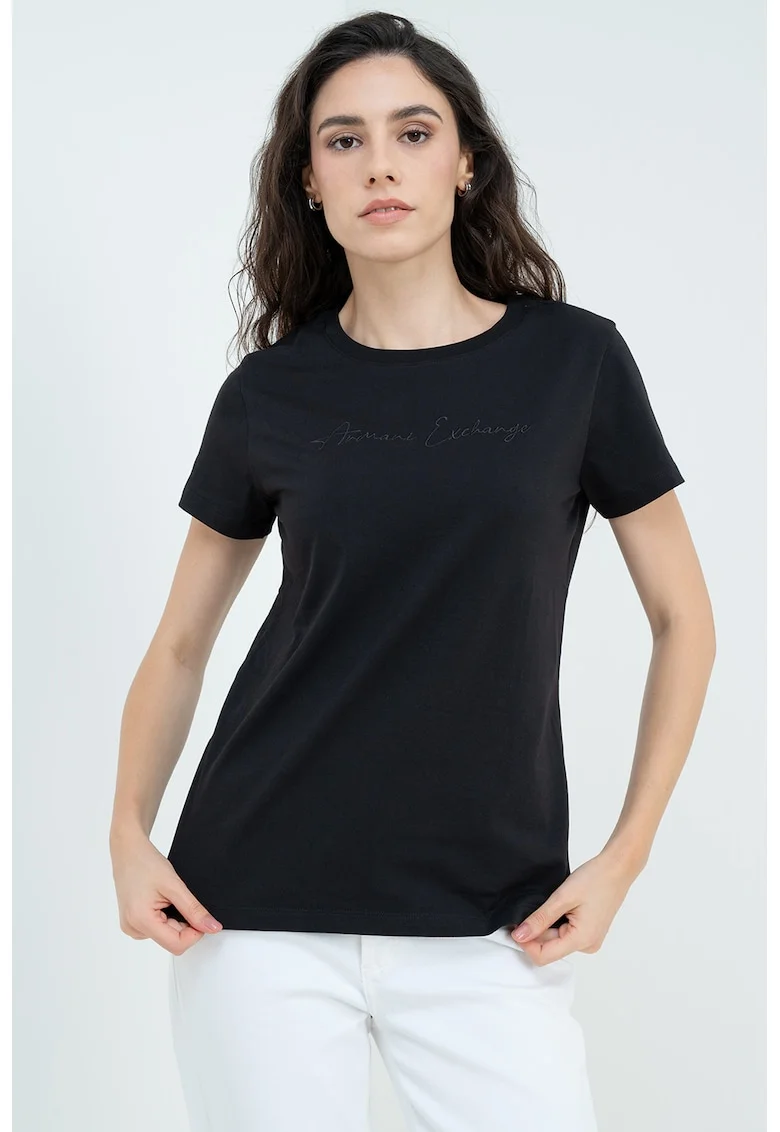 Tricou de bumbac cu decolteu la baza gatului, Negru