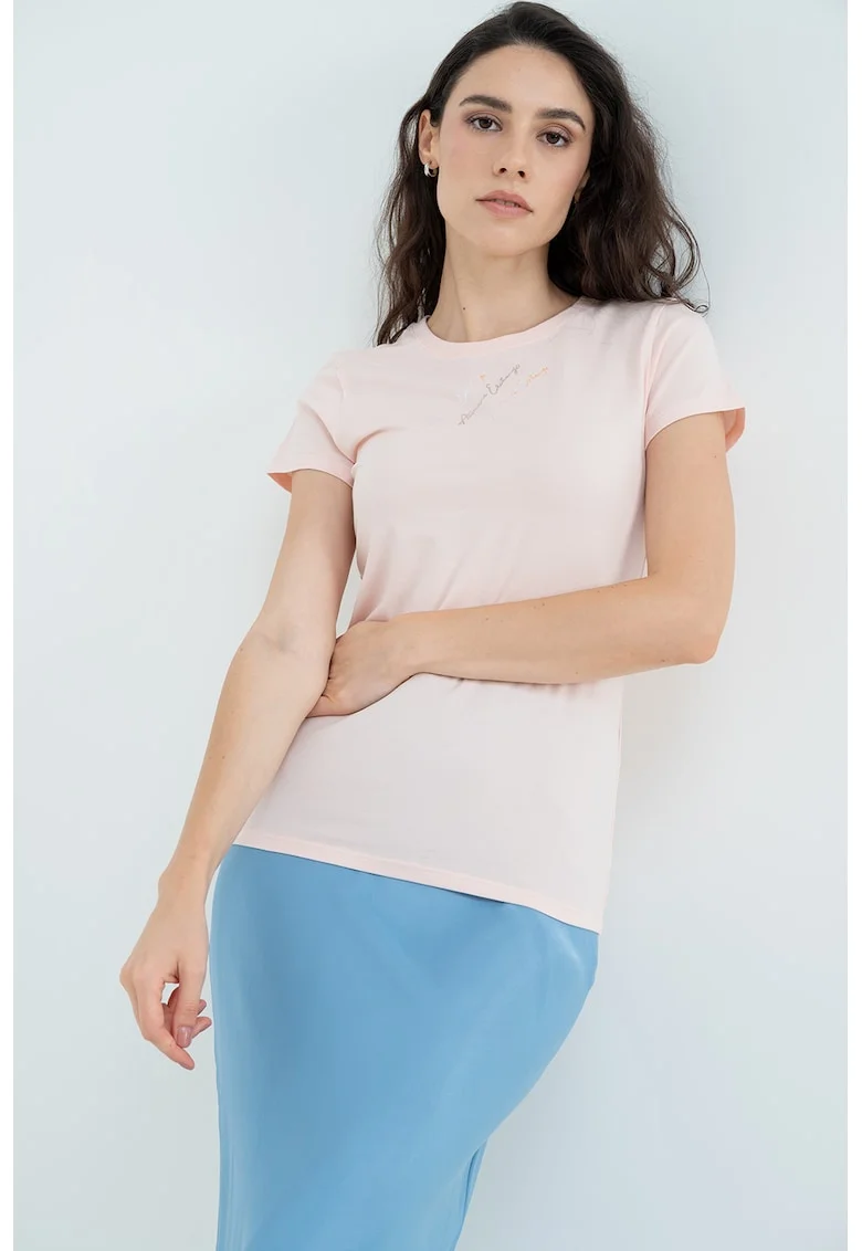 Tricou slim fit cu imprimeu logo discret, Roz pal