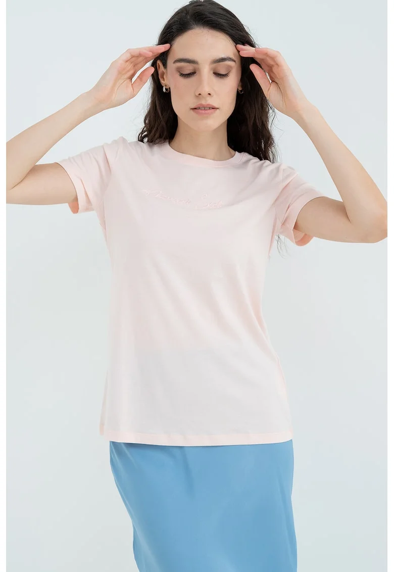 Tricou de bumbac cu decolteu la baza gatului, Piersica