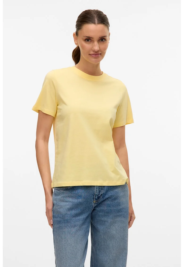 Tricou de bumbac organic cu decolteu la baza gatului, Galben pai