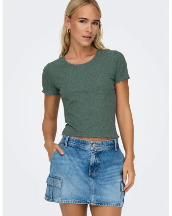 Tricou crop cu croiala slim-fit si aspect striat, Verde melange