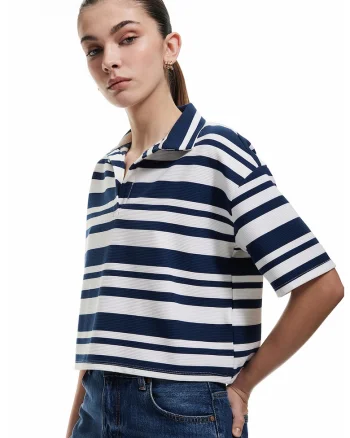 Tricou polo crop cu dungi, Alb/Bleumarin