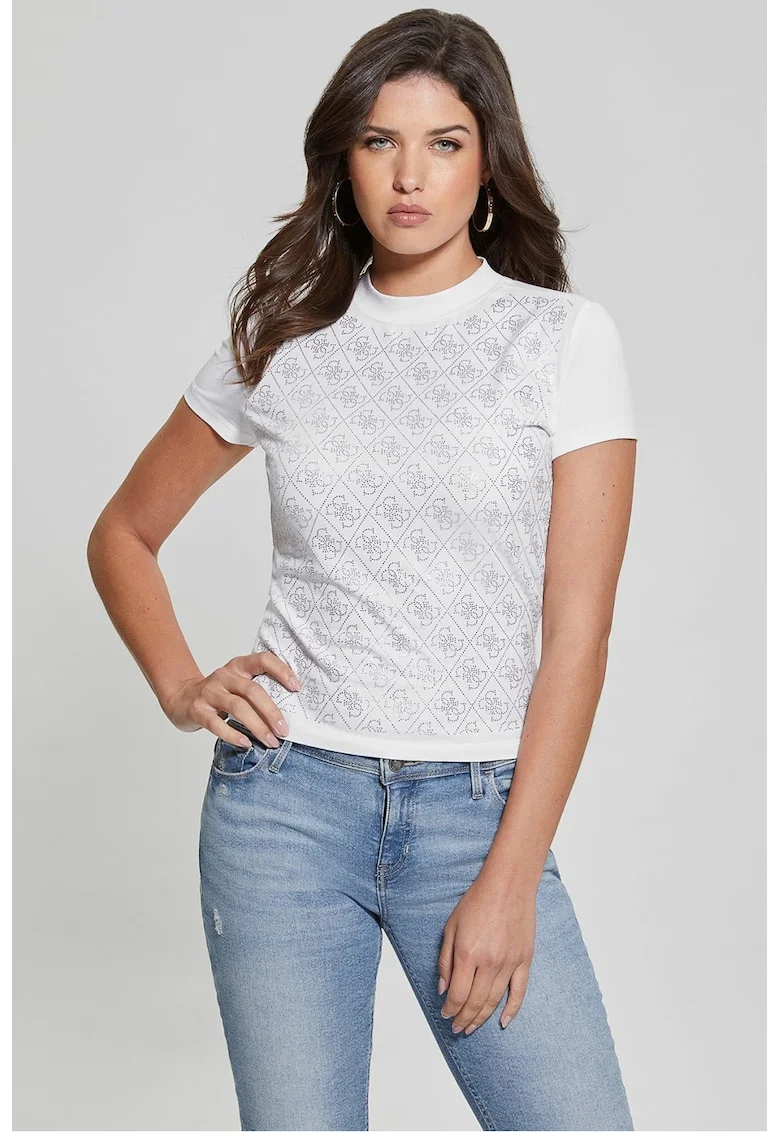 Tricou crop cu model monograma cu strasuri, Alb/Argintiu